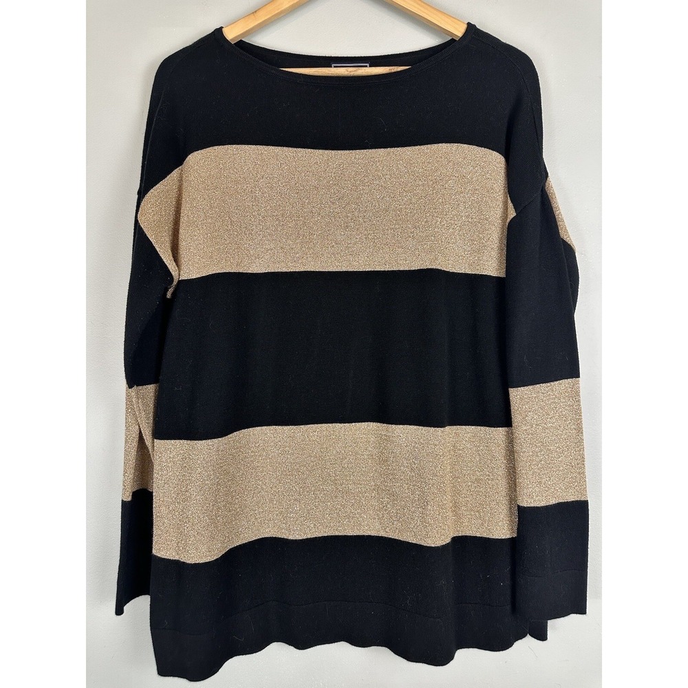 Chaps Classics Black Gold Metallic Striped Sweater Women's M Long Sleeve Metal